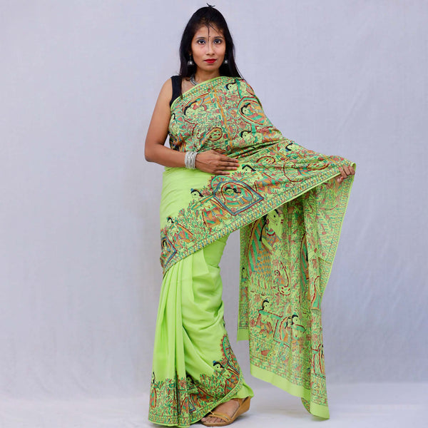 Madhubani Painted Crape Saree Mithila Gram