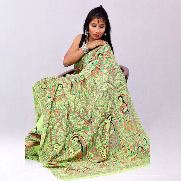 Madhubani Painted Crape Saree Mithila Gram