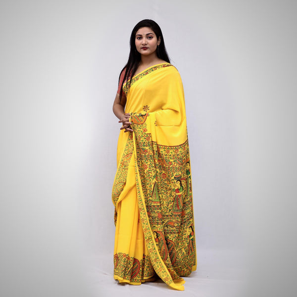 Madhubani Painted Crape Saree Mithila Gram