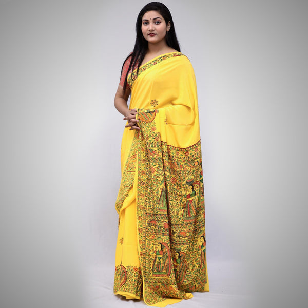 Madhubani Painted Crape Saree Mithila Gram