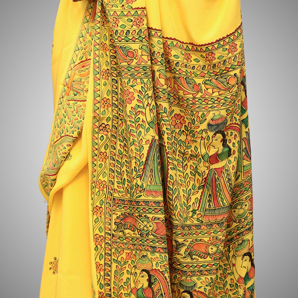 Madhubani Painted Crape Saree Mithila Gram