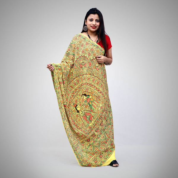 Madhubani Painted Crape Saree Mithila Gram