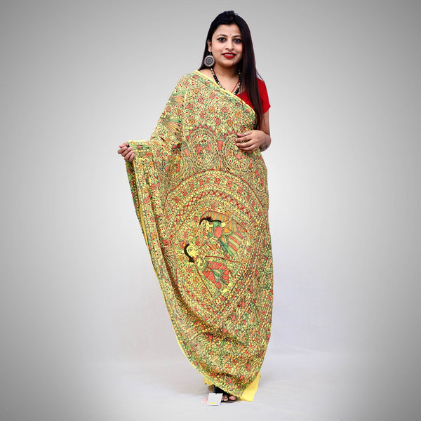 Madhubani Painted Crape Saree Mithila Gram