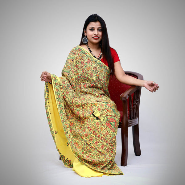 Madhubani Painted Crape Saree Mithila Gram