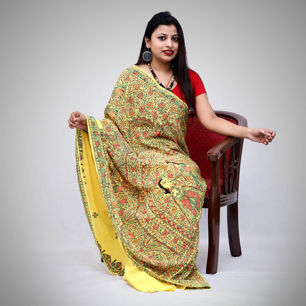 Madhubani Painted Crape Saree Mithila Gram