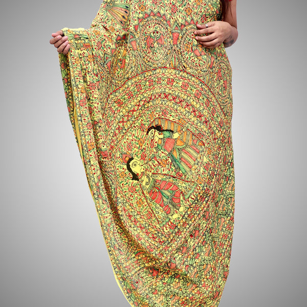 Madhubani Painted Crape Saree Mithila Gram