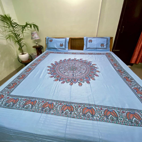 Madhubani Painted Double Bedsheet with Pillow Cover Mithila Gram