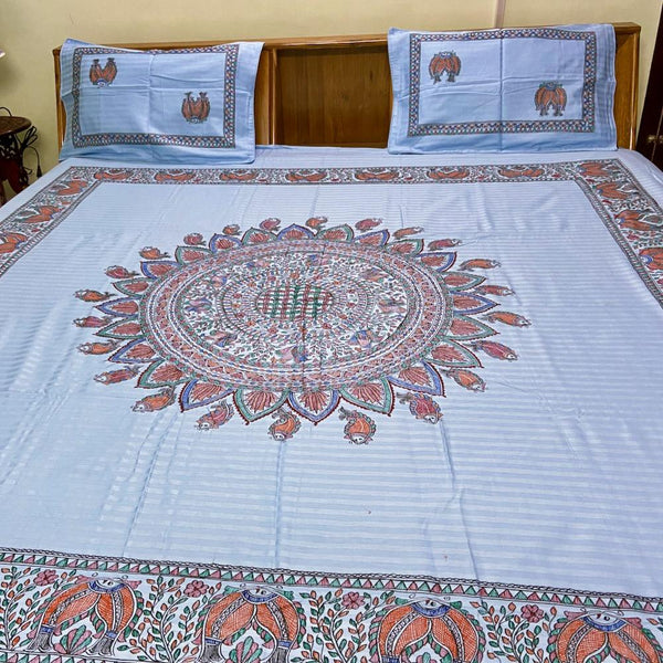 Madhubani Painted Double Bedsheet with Pillow Cover Mithila Gram