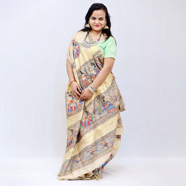 Madhubani Painted Ghicha Silk Saree Mithila Gram
