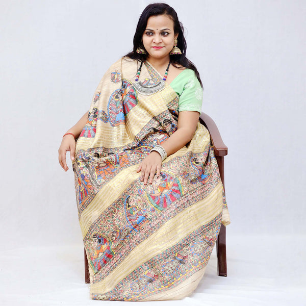 Madhubani Painted Ghicha Silk Saree Mithila Gram