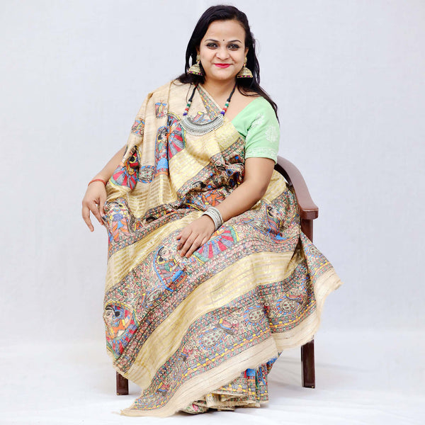 Madhubani Painted Ghicha Silk Saree Mithila Gram