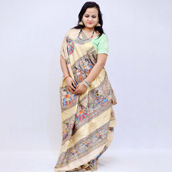 Madhubani Painted Ghicha Silk Saree Mithila Gram