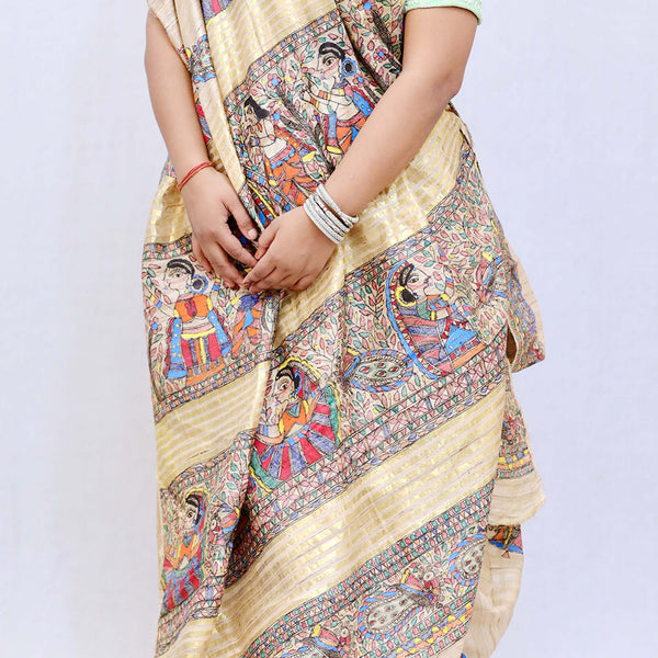 Madhubani Painted Ghicha Silk Saree Mithila Gram