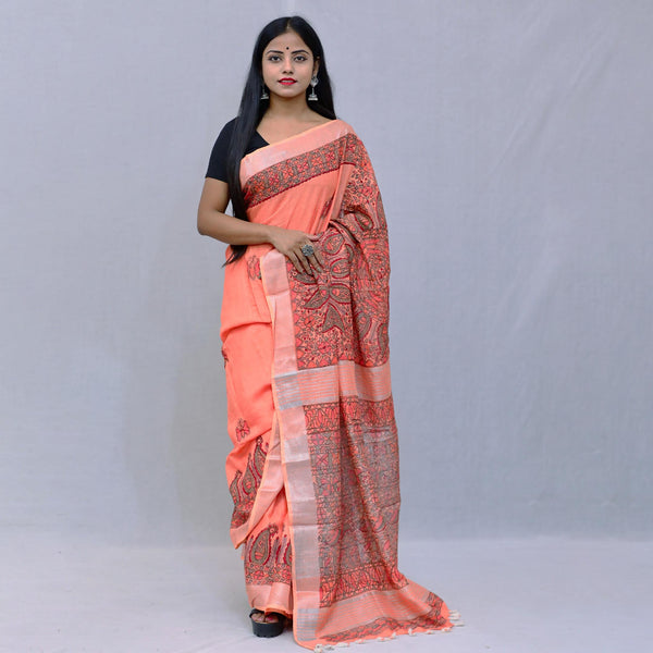 Madhubani Painted Linen Saree Mithila Gram