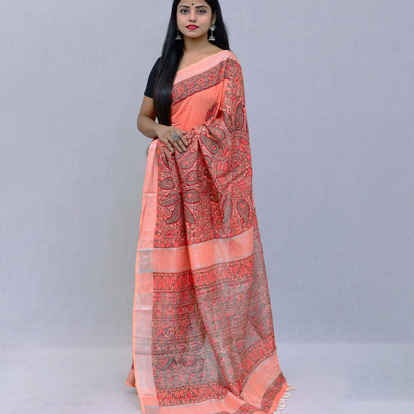Madhubani Painted Linen Saree Mithila Gram