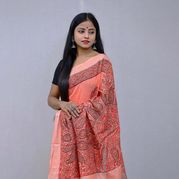 Madhubani Painted Linen Saree Mithila Gram