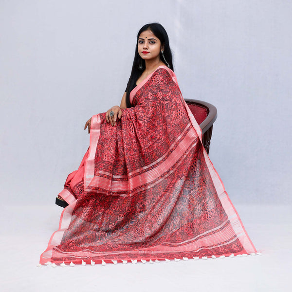 Madhubani Painted Linen Saree Mithila Gram