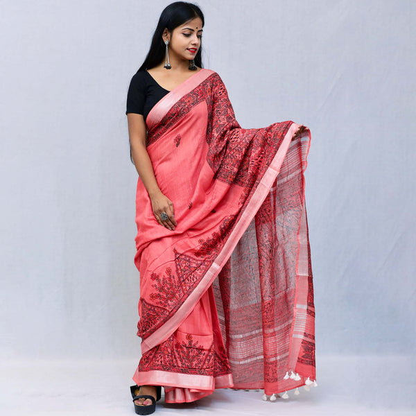 Madhubani Painted Linen Saree Mithila Gram