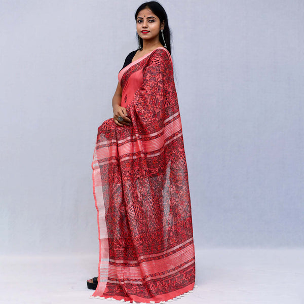 Madhubani Painted Linen Saree Mithila Gram