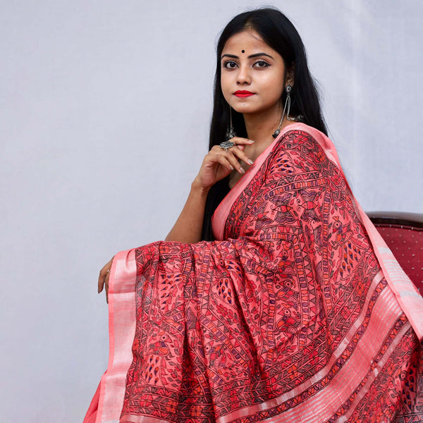 Madhubani Painted Linen Saree Mithila Gram