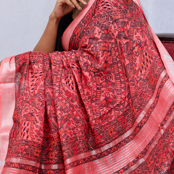 Madhubani Painted Linen Saree Mithila Gram