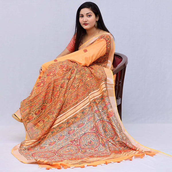 Madhubani Painted Linen Saree Mithila Gram