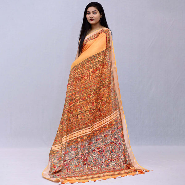 Madhubani Painted Linen Saree Mithila Gram