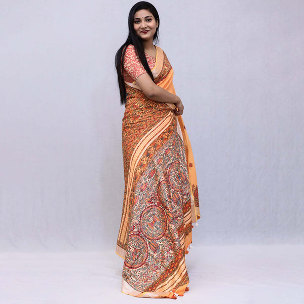 Madhubani Painted Linen Saree Mithila Gram