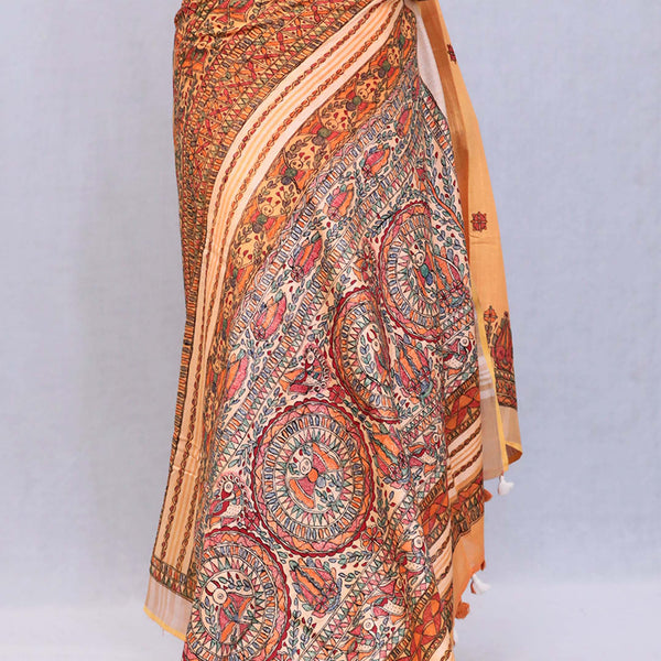 Madhubani Painted Linen Saree Mithila Gram