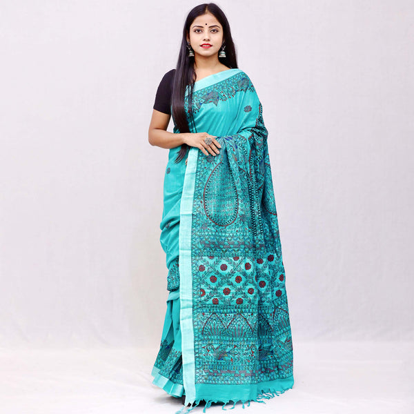 Madhubani Painted Linen Saree Mithila Gram