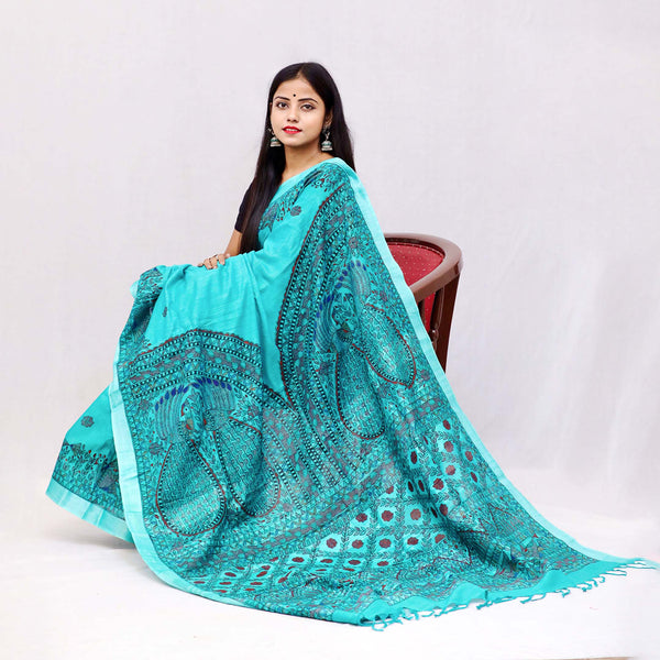 Madhubani Painted Linen Saree Mithila Gram