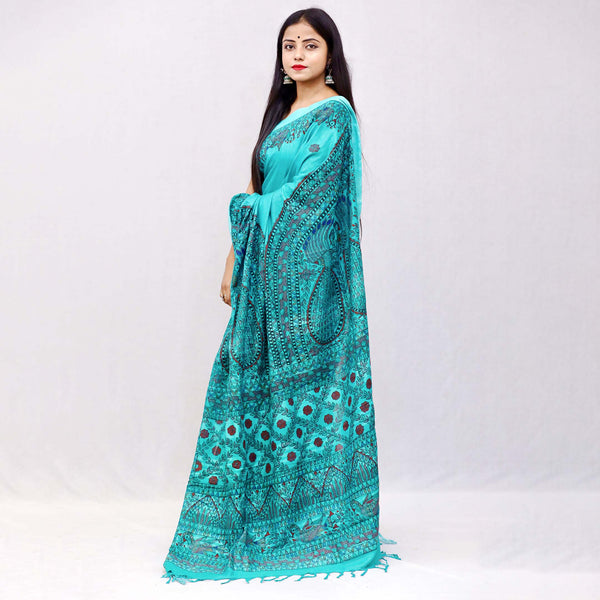 Madhubani Painted Linen Saree Mithila Gram