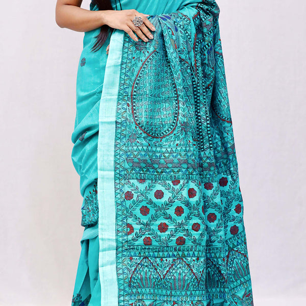 Madhubani Painted Linen Saree Mithila Gram