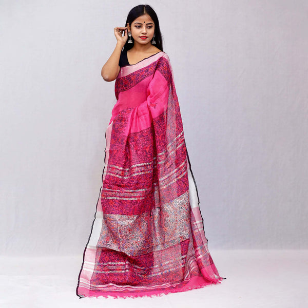 Madhubani Painted Linen Saree Mithila Gram