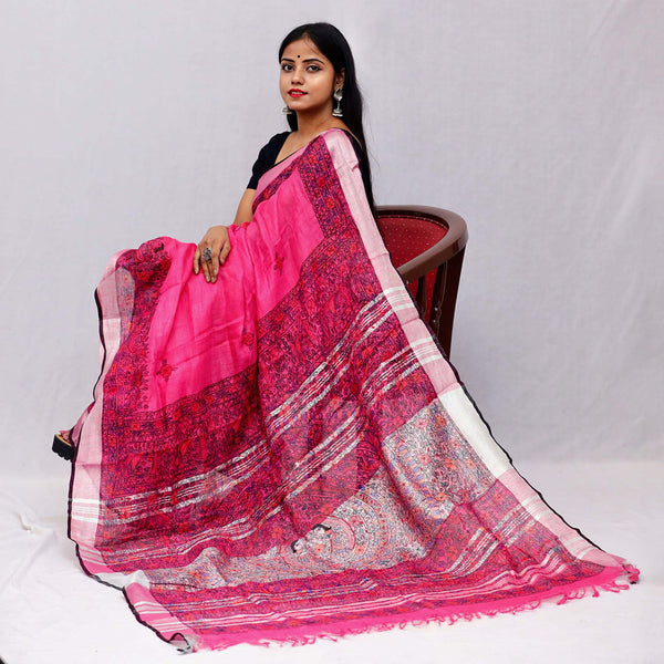 Madhubani Painted Linen Saree Mithila Gram