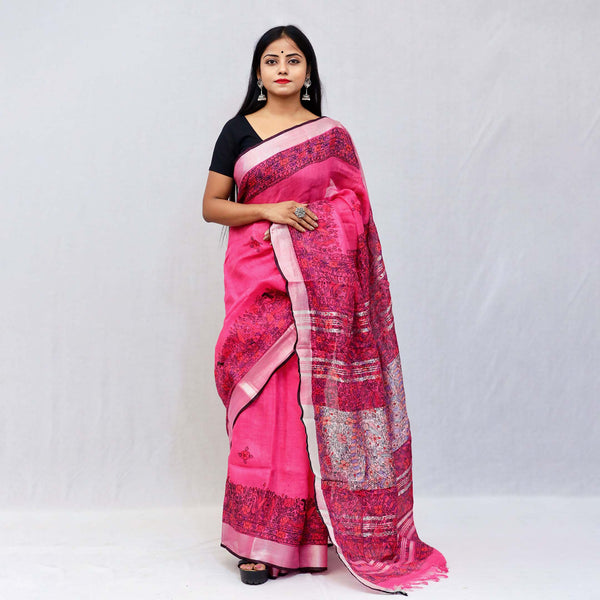 Madhubani Painted Linen Saree Mithila Gram