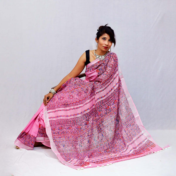 Madhubani Painted Linen Saree Mithila Gram