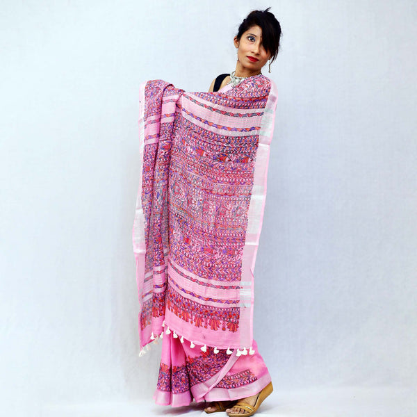 Madhubani Painted Linen Saree Mithila Gram