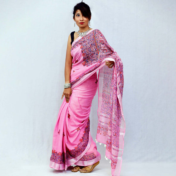 Madhubani Painted Linen Saree Mithila Gram