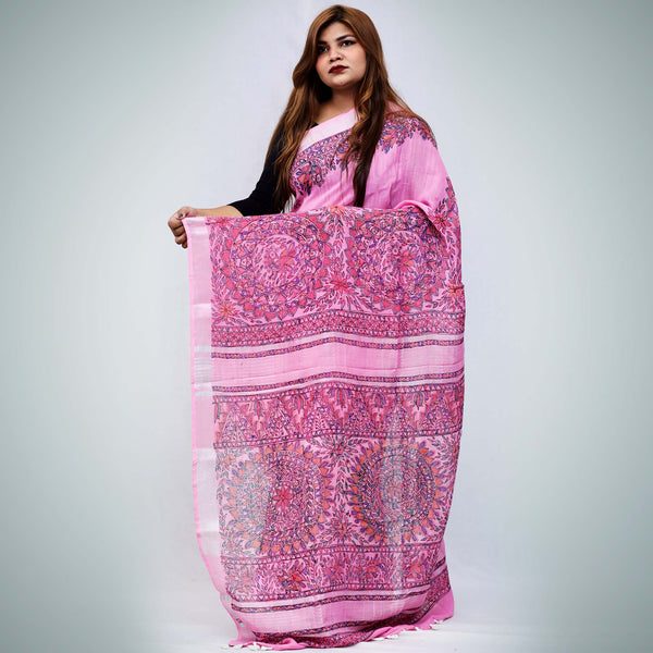 Madhubani Painted Linen Saree Mithila Gram