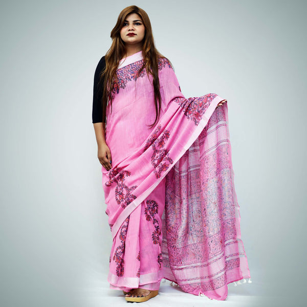 Madhubani Painted Linen Saree Mithila Gram