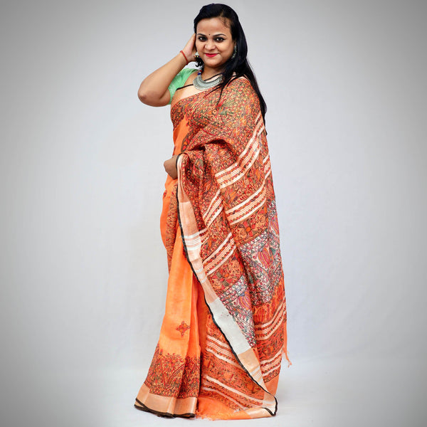 Madhubani Painted Linen Saree Mithila Gram