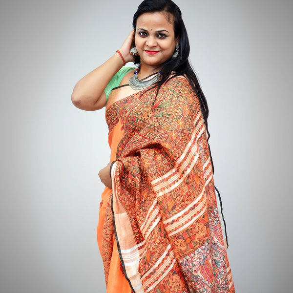 Madhubani Painted Linen Saree Mithila Gram