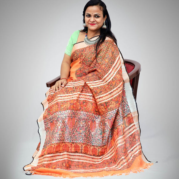 Madhubani Painted Linen Saree Mithila Gram