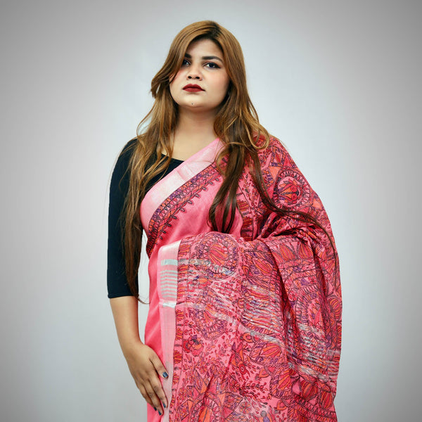 Madhubani Painted Linen Saree Mithila Gram