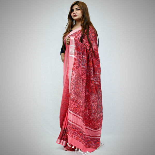 Madhubani Painted Linen Saree Mithila Gram