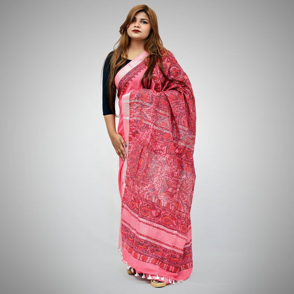 Madhubani Painted Linen Saree Mithila Gram