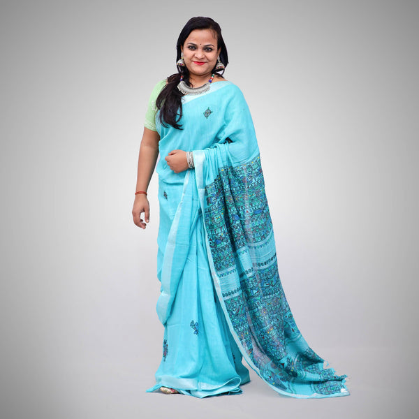 Madhubani Painted Linen Saree Mithila Gram