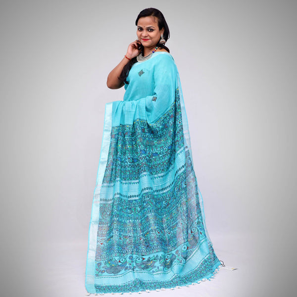 Madhubani Painted Linen Saree Mithila Gram