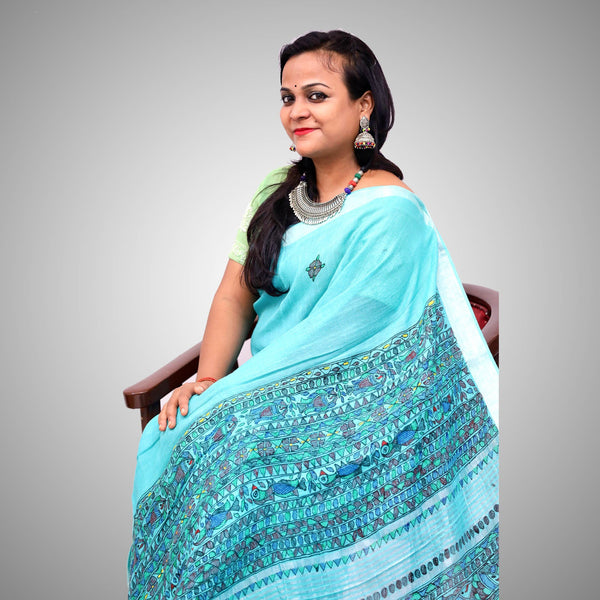 Madhubani Painted Linen Saree Mithila Gram